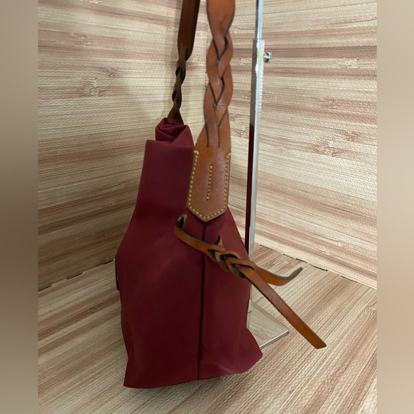 Dooney and Bourke Burgundy Nylon Shoulder Bag with Leather Straps and Accents - Picture 5 of 10